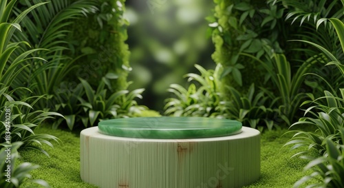 Fototapeta Naklejka Na Ścianę i Meble -  3d render of a jade display podium surrounded by lush green jungle foliage