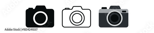 camera icons three compact camera silhouettes with lens circle one flat solid monochrome one thin black outline black and white one full color flat icon black and silver