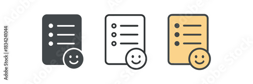 gratitude list icons three simple sheet with three dots and smile icon sets one flat solid monochrome one thin black outline black and white one full color flat icon soft and gray