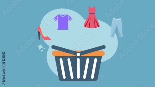Animated E-commerce Shopping Basket with Fashion Apparel.