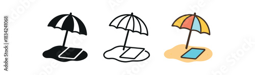 beach umbrella icons three umbrella and towel silhouettes on sand shape one flat solid monochrome one thin black outline black and white one full color flat icon bright summer colors