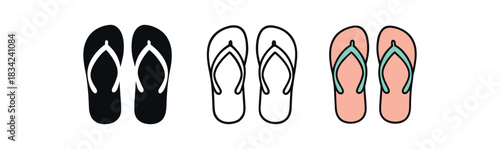 flip flop icons three paired flip flop silhouettes with simple strap one flat solid monochrome one thin black outline black and white one full color flat icon cheerful pastel palette