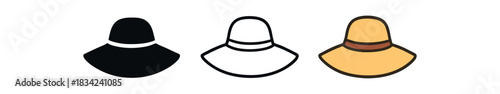 sun hat icons three wide brim hat silhouettes with simple band one flat solid monochrome one thin black outline black and white one full color flat icon straw and ribbon colors