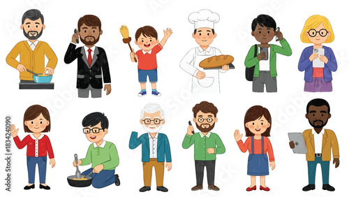 Diverse cartoon people in different professions and activities isolated on white background