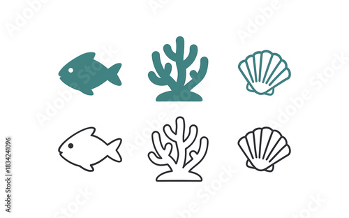 coral reef icons three coral fish and silhouettes one flat solid monochrome one thin black outline black and white one full color flat icon turquoise and sand
