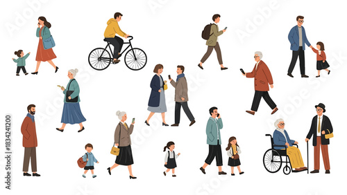 Diverse crowd of people of all ages in everyday life situations illustration