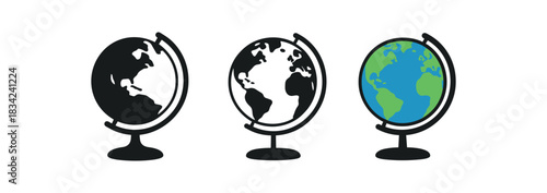 globe icons three globe silhouettes on simple stand with continents hint one flat solid monochrome one thin black outline black and white one full color flat icon blue and green