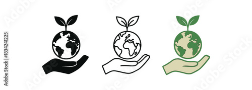 clean planet icons three earth sprout and hand silhouettes one flat solid monochrome one thin black outline black and white one full color flat icon green and beige