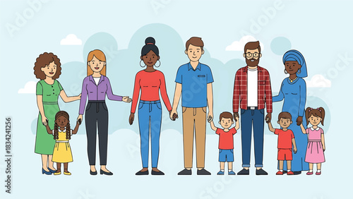 Diverse familiesmulticultural society together in unity and support as an illustration concept