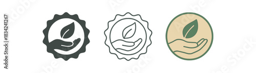 ethical product icons three badge hand and leaf silhouettes one flat solid monochrome one thin black outline black and white one full color flat icon beige and green