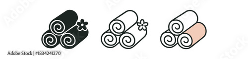 spa towel icons three rolled towel with tiny flower icons one flat solid monochrome one thin black outline black and white one full color flat icon white and blush