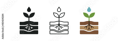 soil health icons three soil layer plant and droplet silhouettes one flat solid monochrome one thin black outline black and white one full color flat icon brown and green