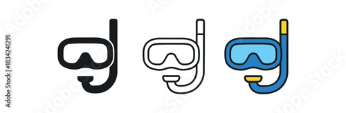 snorkeling icons three mask and snorkel silhouettes grouped one flat solid monochrome one thin black outline black and white one full color flat icon blue and