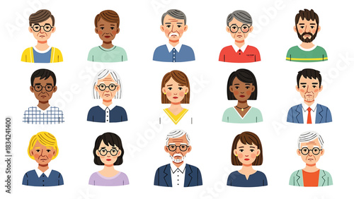 Diverse group of cartoon people vector avatars showing various emotions and expressions
