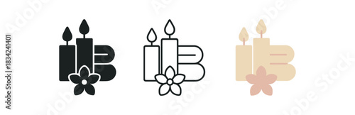spa therapy icons three candle towel and flower silhouettes one flat solid monochrome one thin black outline black and white one full color flat icon beige and blush
