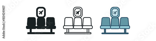 airport gate icons three chair row silhouettes with small airplane window one flat solid monochrome one thin black outline black and white one full color flat icon cool airport tones