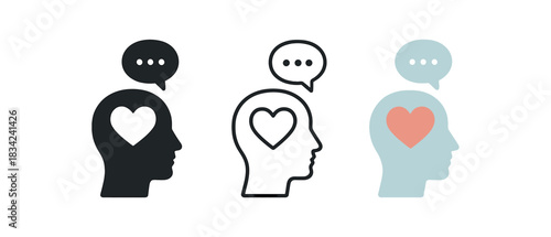 mental health icons three head heart and chat bubble silhouettes one flat solid monochrome one thin black outline black and white one full color flat icon pastel blue and coral