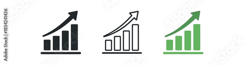 growth chart icons three arrowup bar chart icons one flat solid monochrome one thin black outline black and white one full color flat icon green with rising bars
