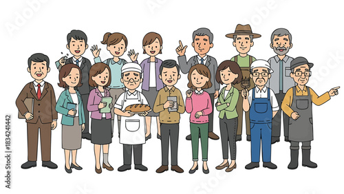 Diverse group of cartoon professionals representing various industries standing together smiling