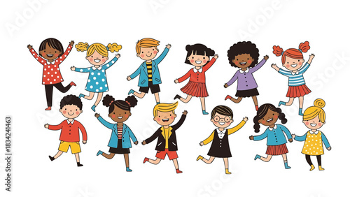 Diverse group of happy children running together illustration isolated on transparent background