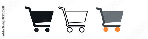 shopping cart icons three shopping cart icons one flat solid monochrome one thin black outline black and white one full color flat icon gray and orange