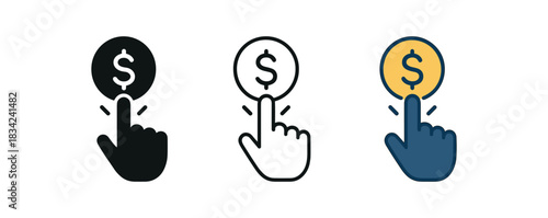 online payment icons three cursor clicking coin icons one flat solid monochrome one thin black outline black and white one full color flat icon blue and gold