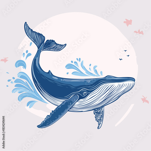 Blue whale breaching through ocean waves