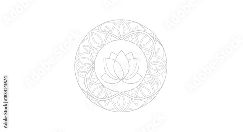 Delicate Line Art Lotus Flower Within Circular Ornament.