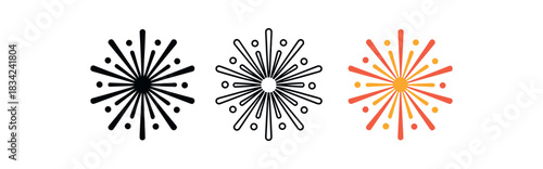 fireworks icons three bursting shape silhouettes with rays and dots one flat solid monochrome one thin black outline black and white one full color flat icon bright warm palette