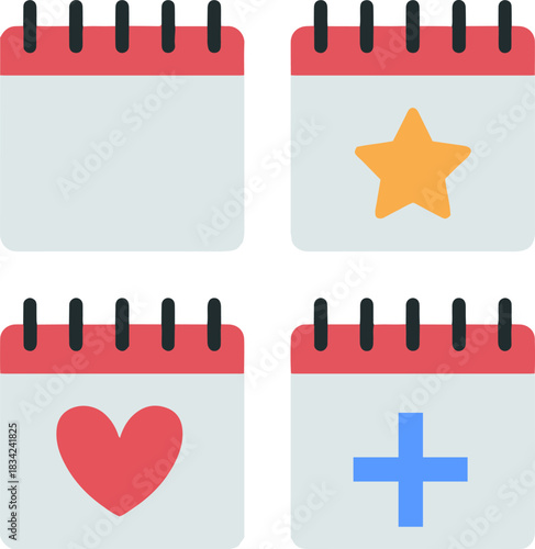 calendar icon set with star, heart, plus symbols, flat vector design