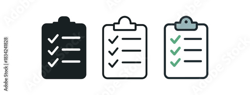 to do list icons three checklist board icons one flat solid monochrome one thin black outline black and white one full color flat icon white with green marks