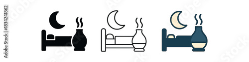 sleep hygiene icons three bed moon and diffuser silhouettes one flat solid monochrome one thin black outline black and white one full color flat icon dark blue and ivory