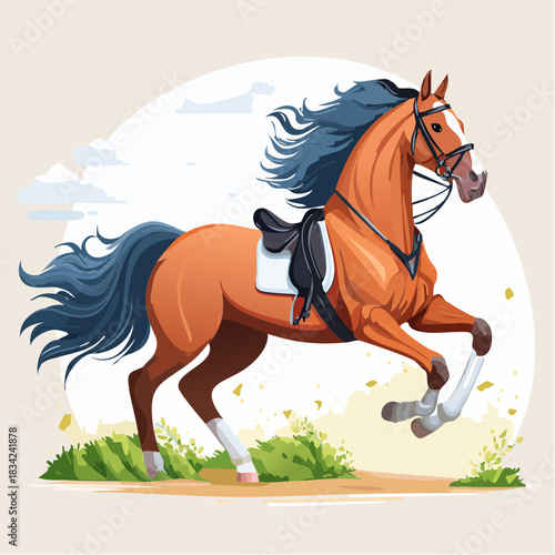 Brown horse running with blue mane and tail