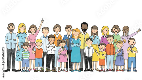 Diverse group of people illustration including adults and children with fair complexion