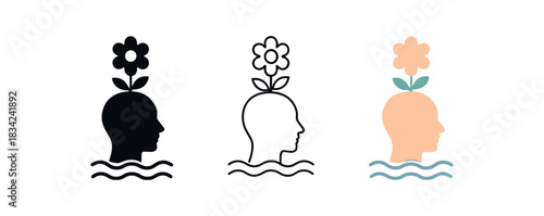 stress relief icons three head flower and wave silhouettes one flat solid monochrome one thin black outline black and white one full color flat icon calm pastel palette