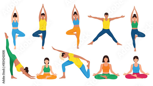 Diverse group practicing yoga poses vector illustration isolated on transparent background