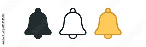 notification bell icons three bell icons one flat solid monochrome one thin black outline black and white one full color flat icon gold