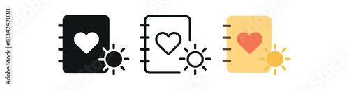 gratitude habit icons three heart notebook and sun silhouettes one flat solid monochrome one thin black outline black and white one full color flat icon and beige
