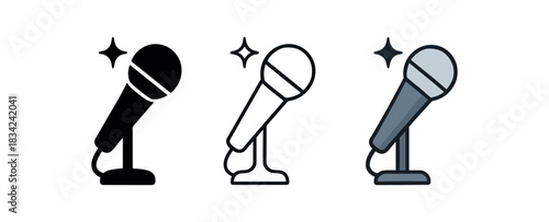 stage microphone icons three microphone silhouettes with small spark detail one flat solid monochrome one thin black outline black and white one full color flat icon silver and blue