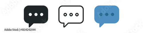 message icons three chat bubble icons one flat solid monochrome one thin black outline black and white one full color flat icon blue