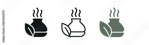 home wellness icons three mat diffuser and leaf silhouettes one flat solid monochrome one thin black outline black and white one full color flat icon sage and ivory