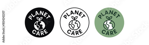 lettering icons three circle icons with text planet care one flat solid monochrome one thin black outline black and white one full color flat icon light green and cream
