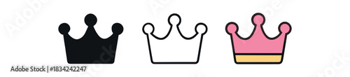 birthday crown icons three small crown silhouettes with rounded tips one flat solid monochrome one thin black outline black and white one full color flat icon gold and pink