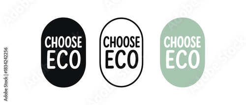lettering icons three oval stickers with text choose eco one flat solid monochrome one thin black outline black and white one full color flat icon mint and ivory