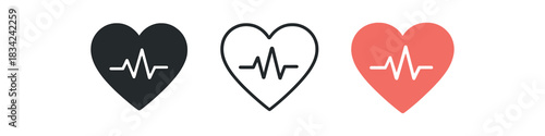 heart health icons three heart with pulse line icons one flat solid monochrome one thin black outline black and white one full color flat icon red and soft gray