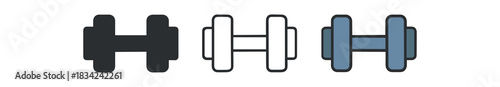 dumbbell icons three dumbbell icons one flat solid monochrome one thin black outline black and white one full color flat icon gray and blue