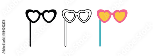 party glasses props icons three oversized glasses silhouettes on stick one flat solid monochrome one thin black outline black and white one full color flat icon bright photo booth colors