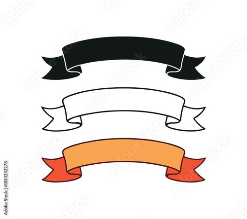 celebration banner icons three long fabric or paper banner silhouettes with folds one flat solid monochrome one thin black outline black and white one full color flat icon warm festive