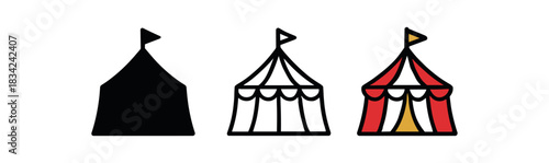 carnival tent icons three pointed tent silhouettes with stripes one flat solid monochrome one thin black outline black and white one full color flat icon red white and