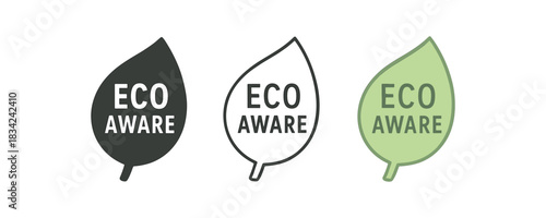 lettering icons three leaf outline shapes with text eco aware one flat solid monochrome one thin black outline black and white one full color flat icon light green and gray